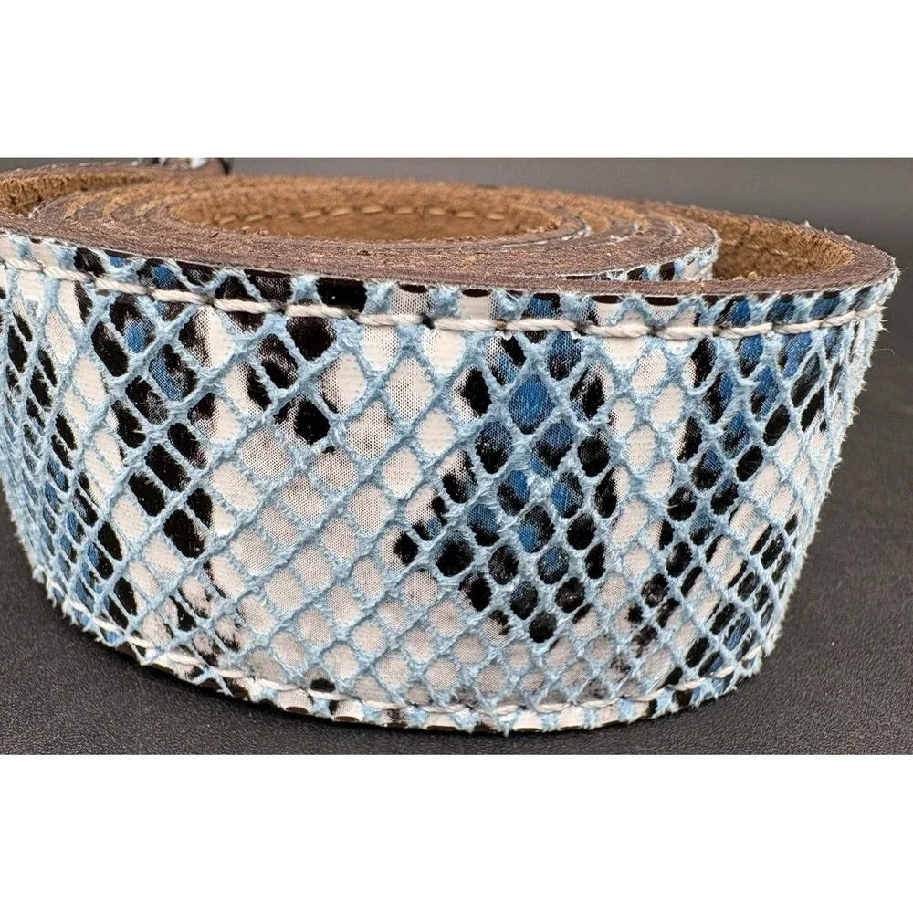 Just Cavalli Croc Leather Belt Blue Black White Crocodile Buckle Size 31-36 EUC